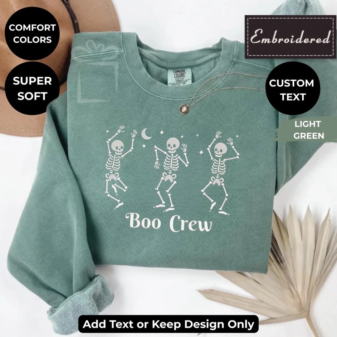 Dancing Skeletons Embroidered Sweatshirt in LIGHT GREEN Comfort Colors – Customizable spooky design, unisex fit, available in 15 colors-ARTFULANE