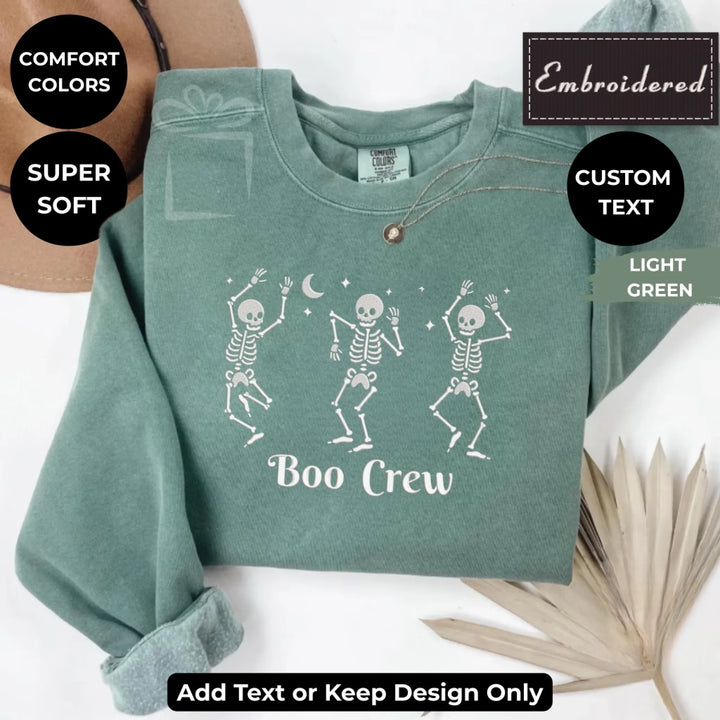 Dancing Skeletons Embroidered Sweatshirt in LIGHT GREEN Comfort Colors – Customizable spooky design, unisex fit, available in 15 colors-ARTFULANE