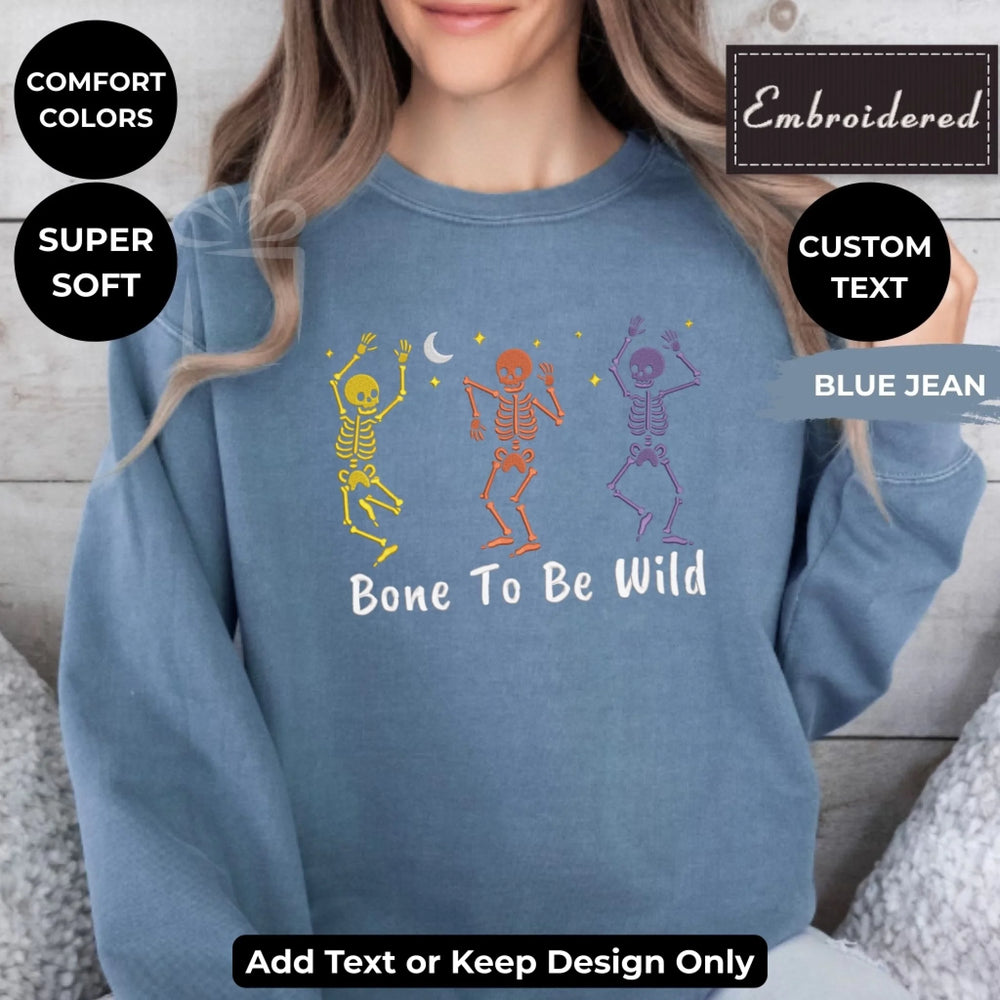 Dancing Skeletons Sweatshirt in BLUE JEAN – Comfort Colors embroidered crewneck with skeleton design, customizable text option-ARTFULANE