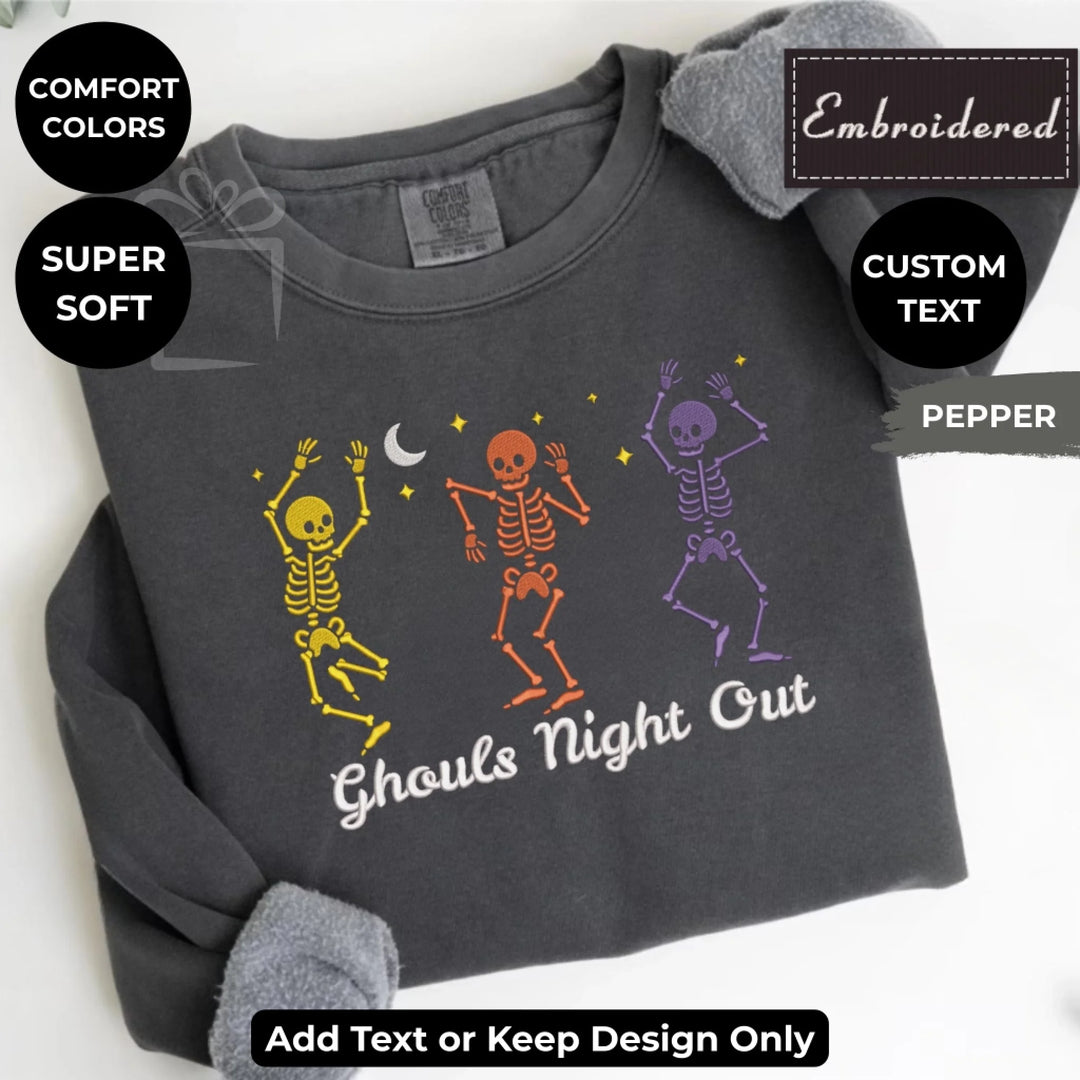 Dancing Skeletons Sweatshirt in PEPPER – Comfort Colors embroidered crewneck with skeleton design, customizable text option-ARTFULANE