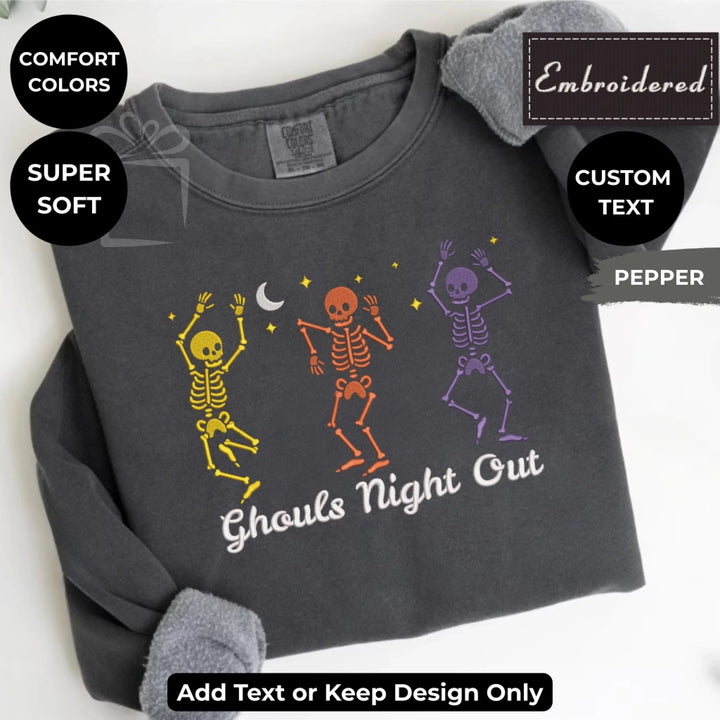 Dancing Skeletons Sweatshirt in PEPPER – Comfort Colors embroidered crewneck with skeleton design, customizable text option-ARTFULANE