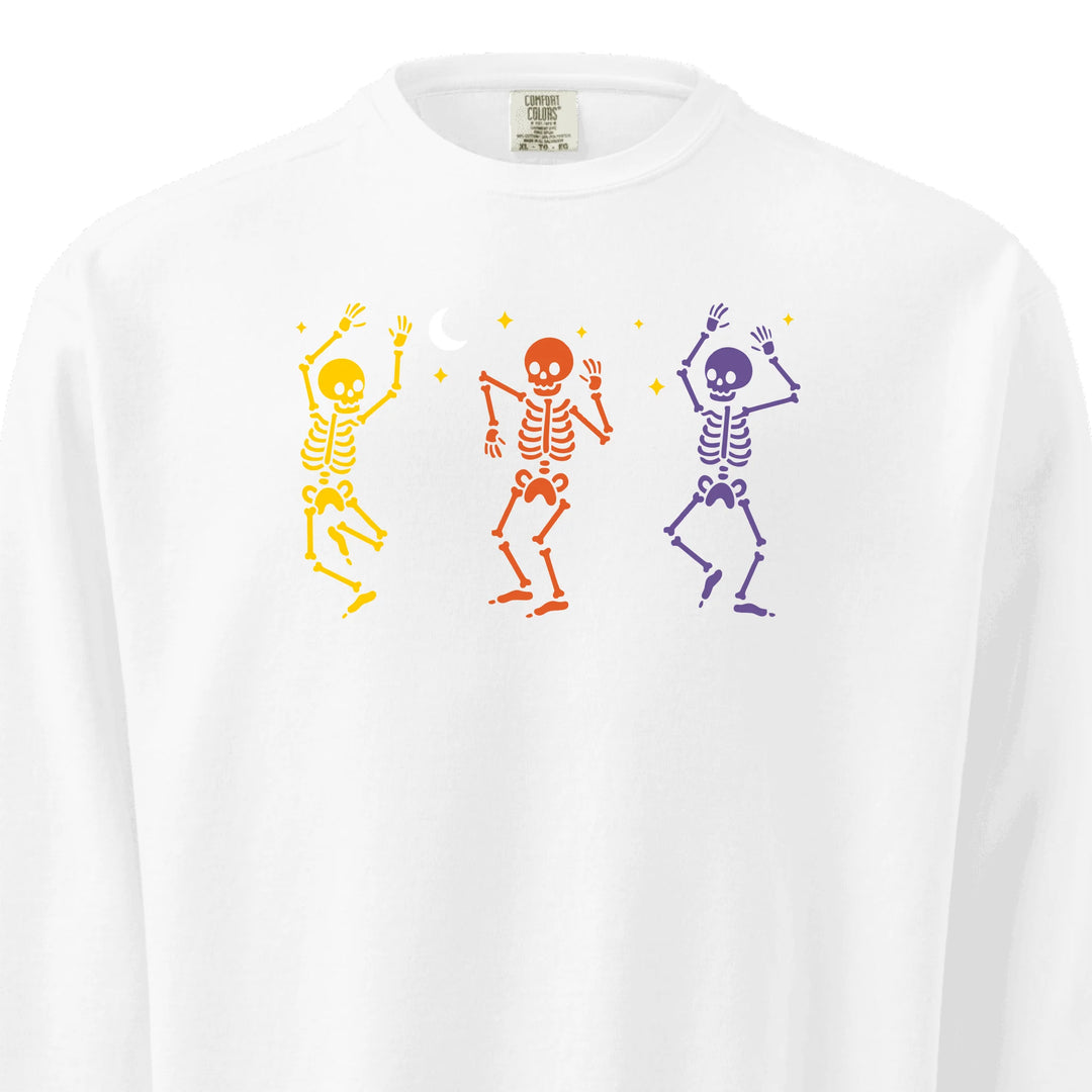 Dancing Skeletons Embroidered Sweatshirt in CUSTOM Comfort Colors – Customizable spooky design, unisex fit, available in 15 colors-ARTFULANE