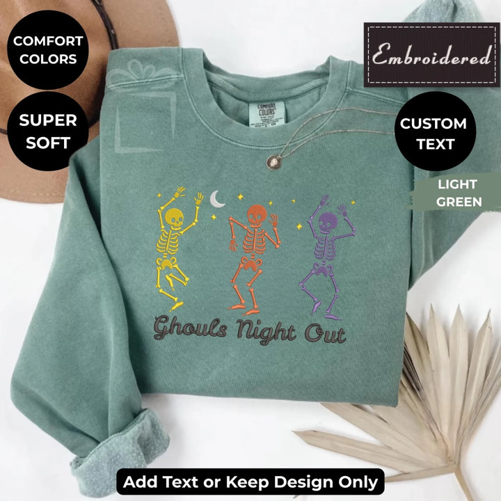 Dancing Skeletons Sweatshirt in LIGHT GREEN – Comfort Colors embroidered crewneck with skeleton design, customizable text option-ARTFULANE