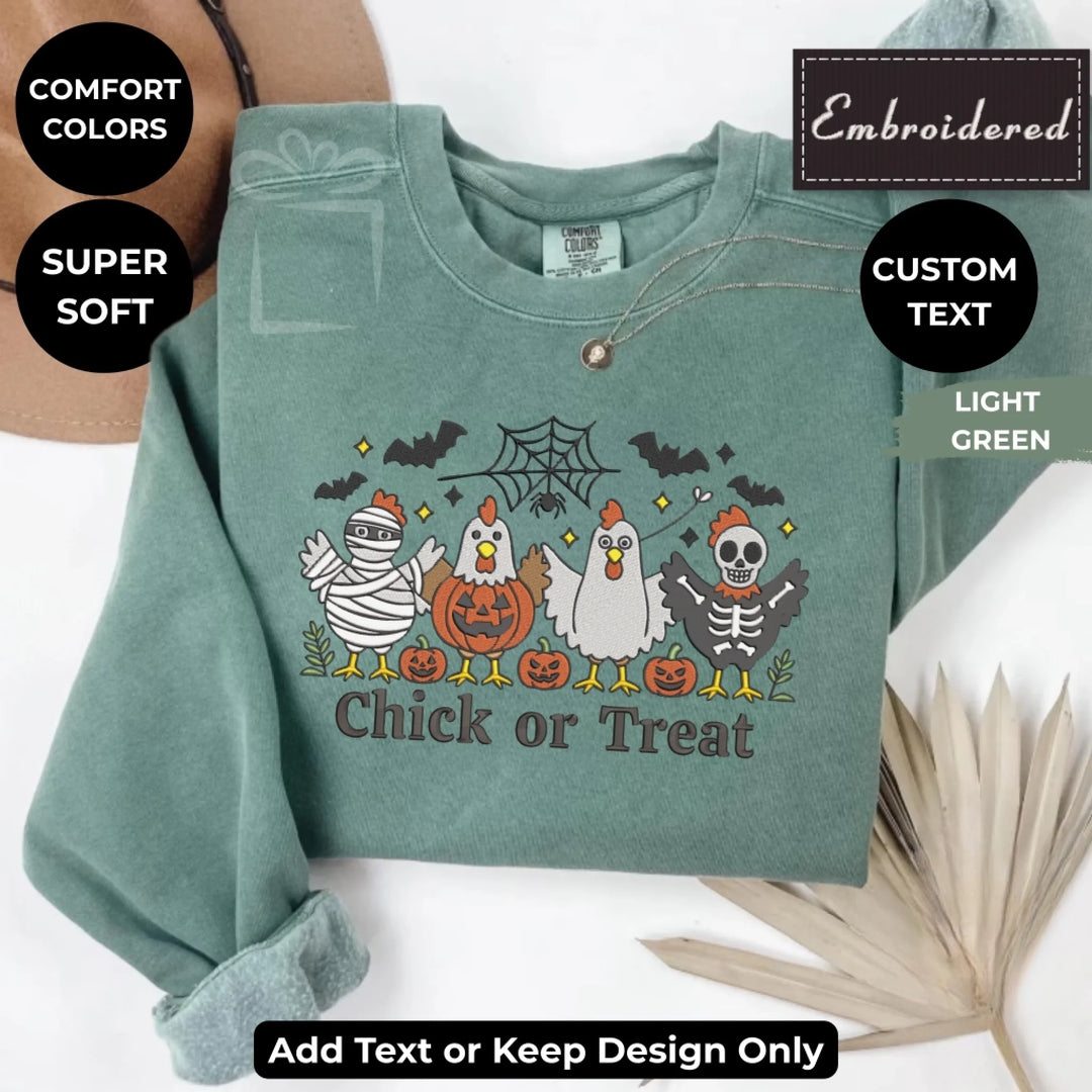 Scary Chicken Sweatshirt in LIGHT GREEN – Comfort Colors embroidered crewneck with spooky chicken design, customizable text option-ARTFULANE