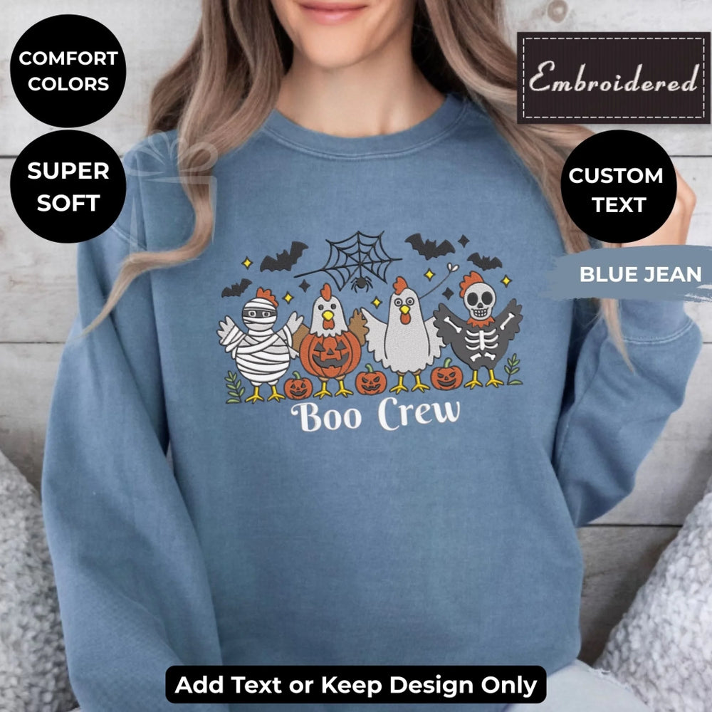 Scary Chicken Sweatshirt in BLUE JEAN – Comfort Colors embroidered crewneck with spooky chicken design, customizable text option-ARTFULANE