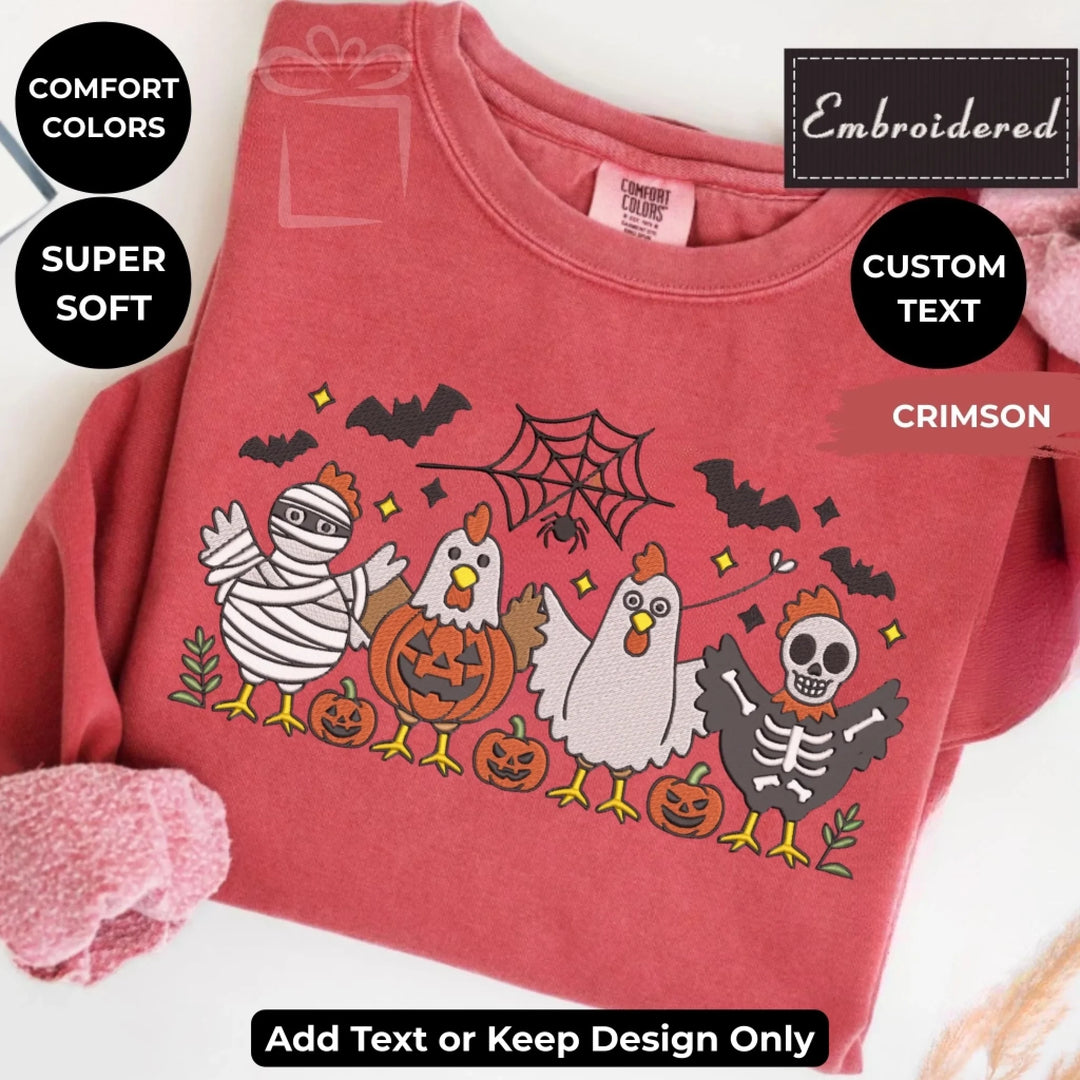 Scary Chicken Sweatshirt in CRIMSON – Comfort Colors embroidered crewneck with spooky chicken design, customizable text option-ARTFULANE