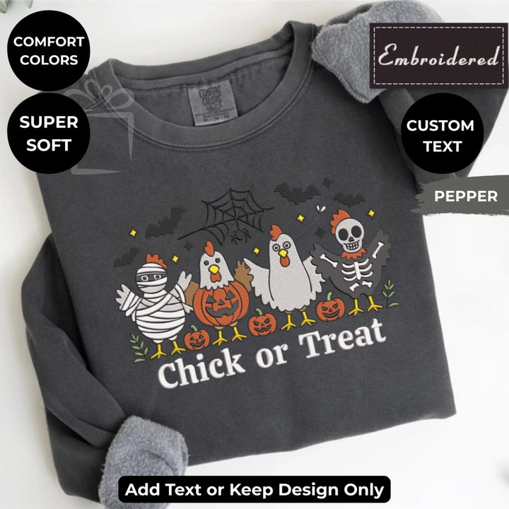Scary Chicken Sweatshirt in PEPPER – Comfort Colors embroidered crewneck with spooky chicken design, customizable text option-ARTFULANE