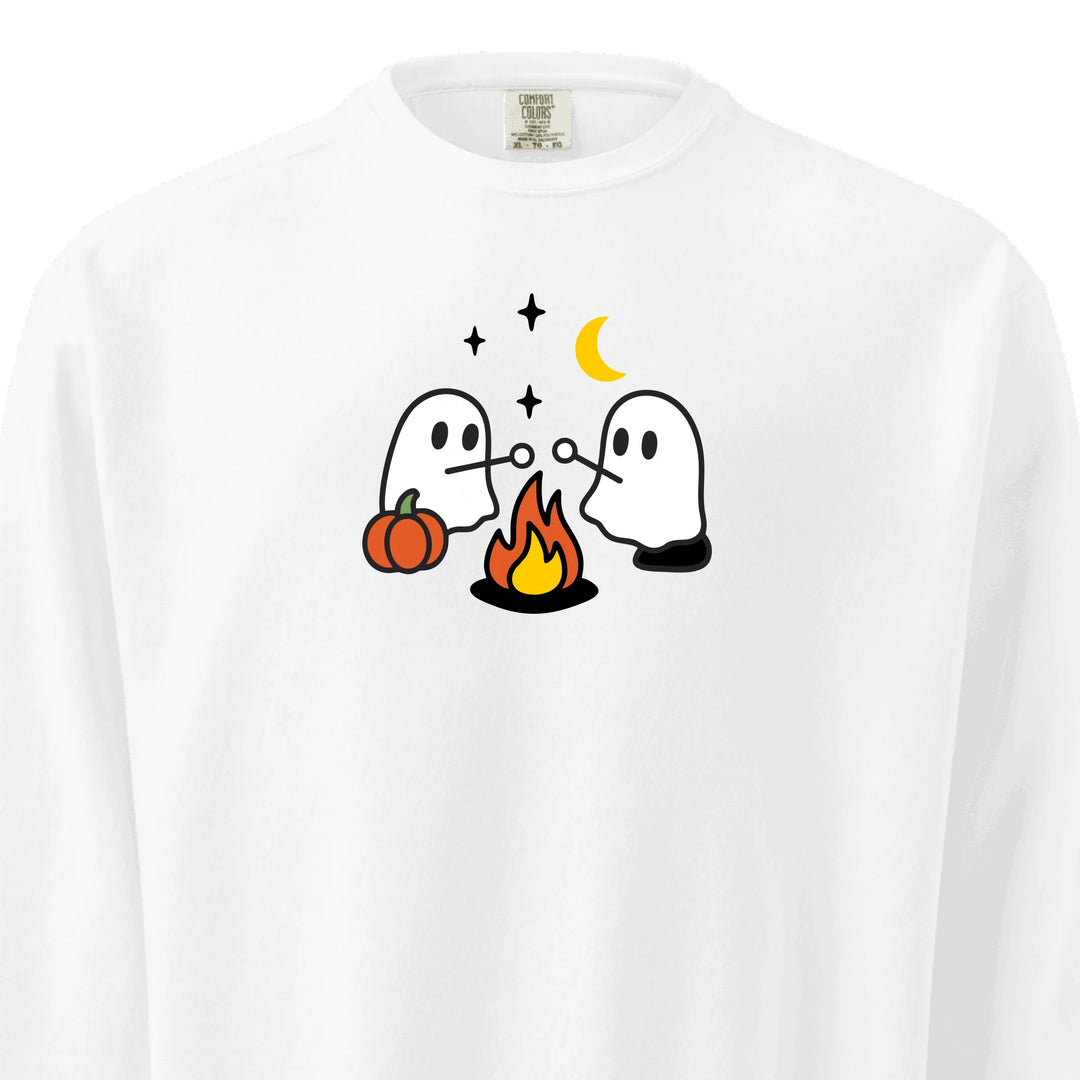 Camping Ghost Sweatshirt in CUSTOM COLORS – Comfort Colors embroidered crewneck with marshmallow-roasting ghost design, customizable text option-ARTFULANE