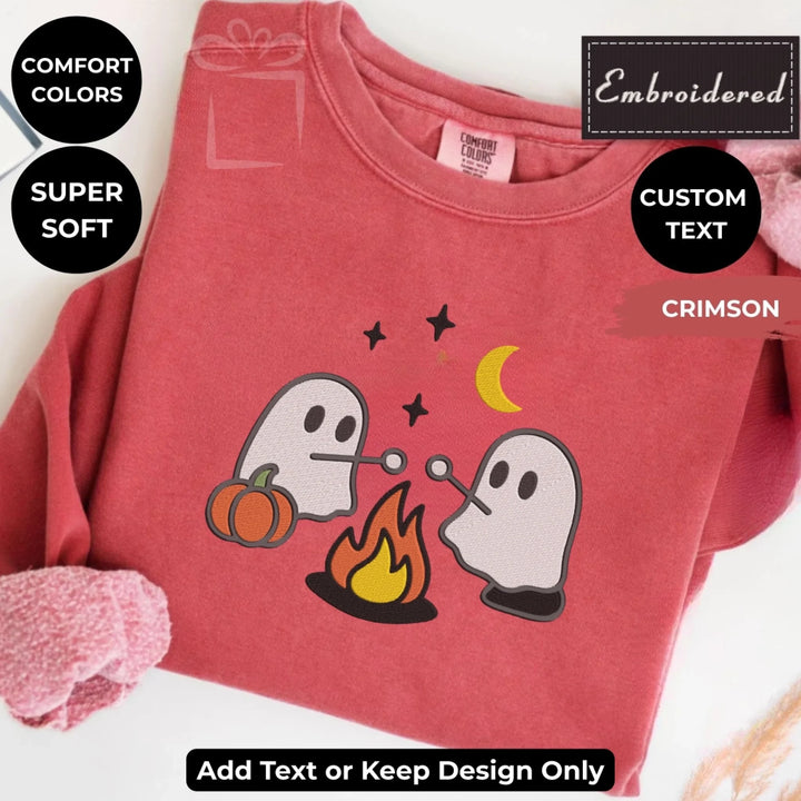 Camping Ghost Sweatshirt in CRIMSON – Comfort Colors embroidered crewneck with marshmallow-roasting ghost design, customizable text option-ARTFULANE