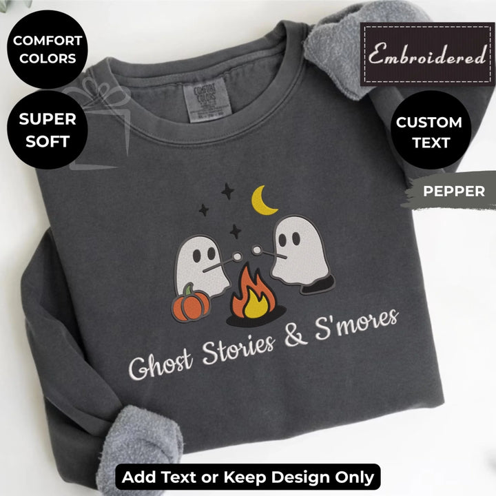 Camping Ghost Sweatshirt in PEPPER – Comfort Colors embroidered crewneck with marshmallow-roasting ghost design, customizable text option-ARTFULANE