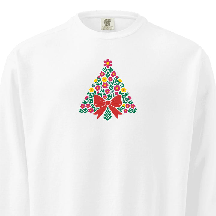 Custom embroidered Christmas Floral Sweatshirt in Comfort Colors with floral tree and bow design, personalized holiday style-ARTFULANE