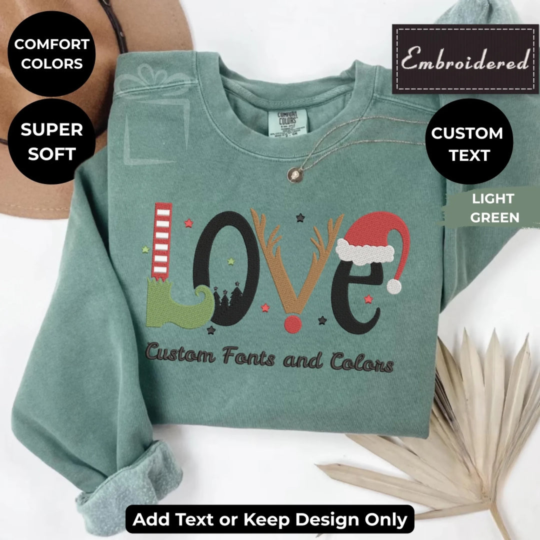 Custom embroidered LOVE Christmas Sweatshirt in Comfort Colors, holiday design with optional personalized text-ARTFULANE