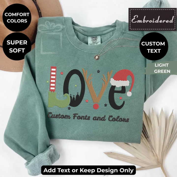 Custom embroidered LOVE Christmas Sweatshirt in Comfort Colors, holiday design with optional personalized text-ARTFULANE