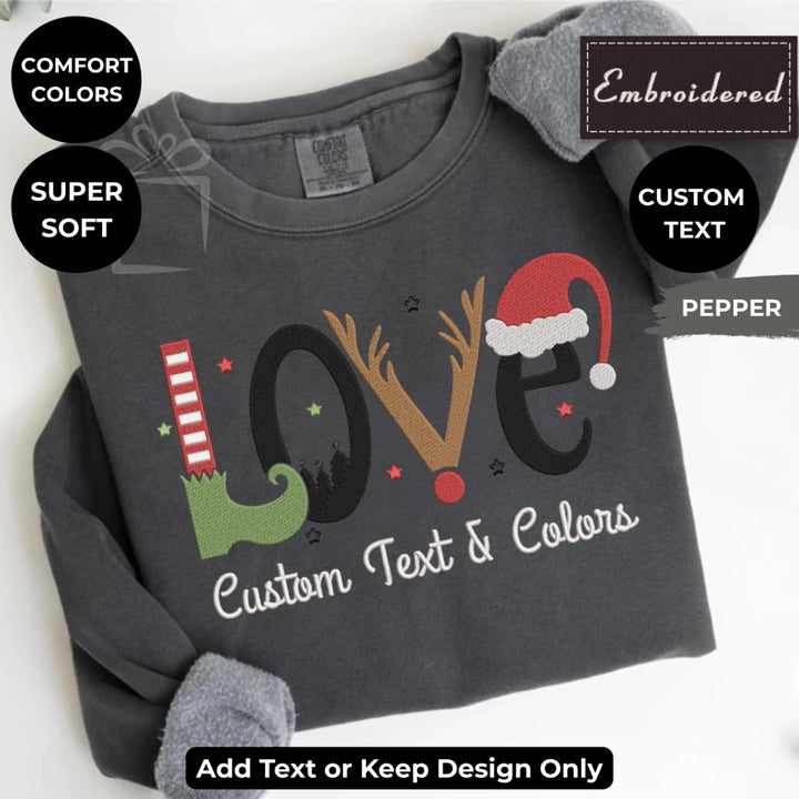Custom embroidered LOVE Christmas Sweatshirt in Comfort Colors, holiday design with optional personalized text-ARTFULANE