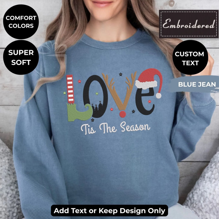 Custom embroidered LOVE Christmas Sweatshirt in Comfort Colors, holiday design with optional personalized text-ARTFULANE