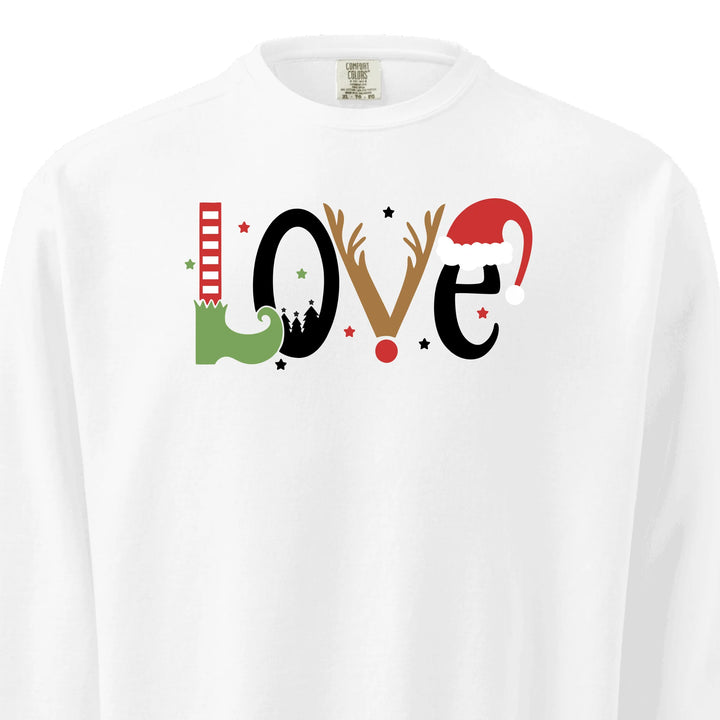 Custom embroidered LOVE Christmas Sweatshirt in Comfort Colors, holiday design with optional personalized text-ARTFULANE