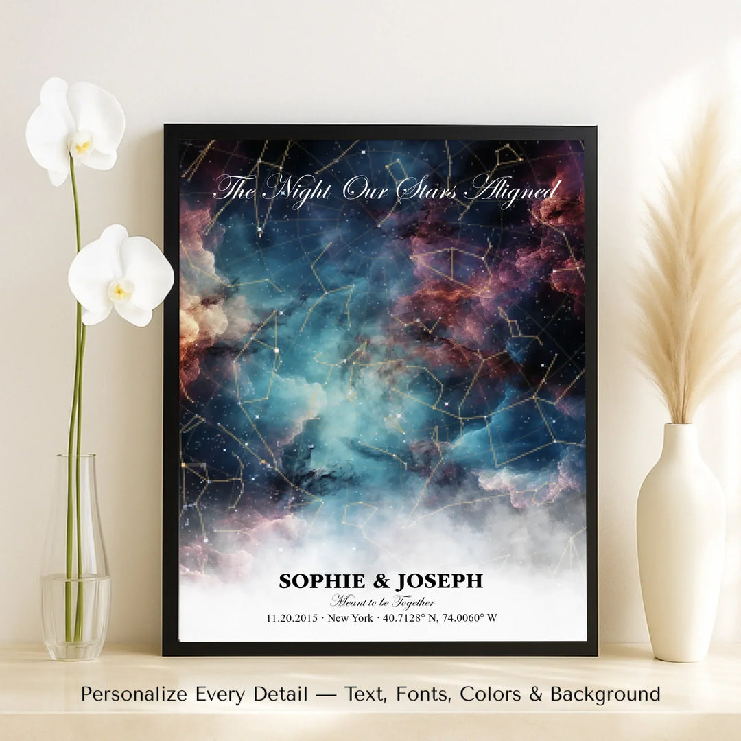 Personalized star map wall art with customizable background, title, names, date, location, and coordinates - framed canvas on table-ARTFULANE