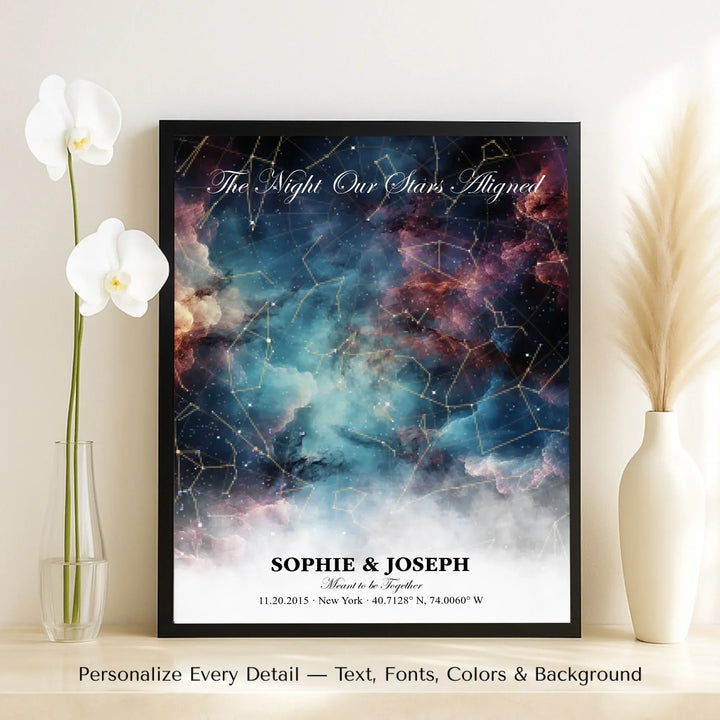 Personalized star map wall art with customizable background, title, names, date, location, and coordinates - framed canvas on table-ARTFULANE