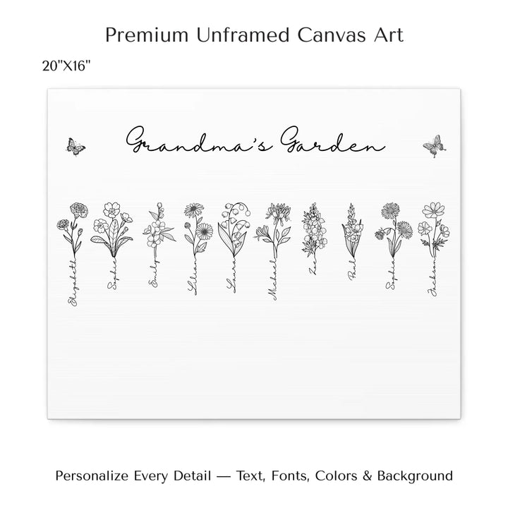 Personalized Birth Month Flowers Wall Art in any color line art with custom names, butterflies, and color options on unframed canvas-ARTFULANE