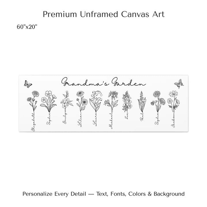 Personalized Birth Month Flowers Wall Art in any color line art with custom names, butterflies, and color options on unframed canvas-ARTFULANE