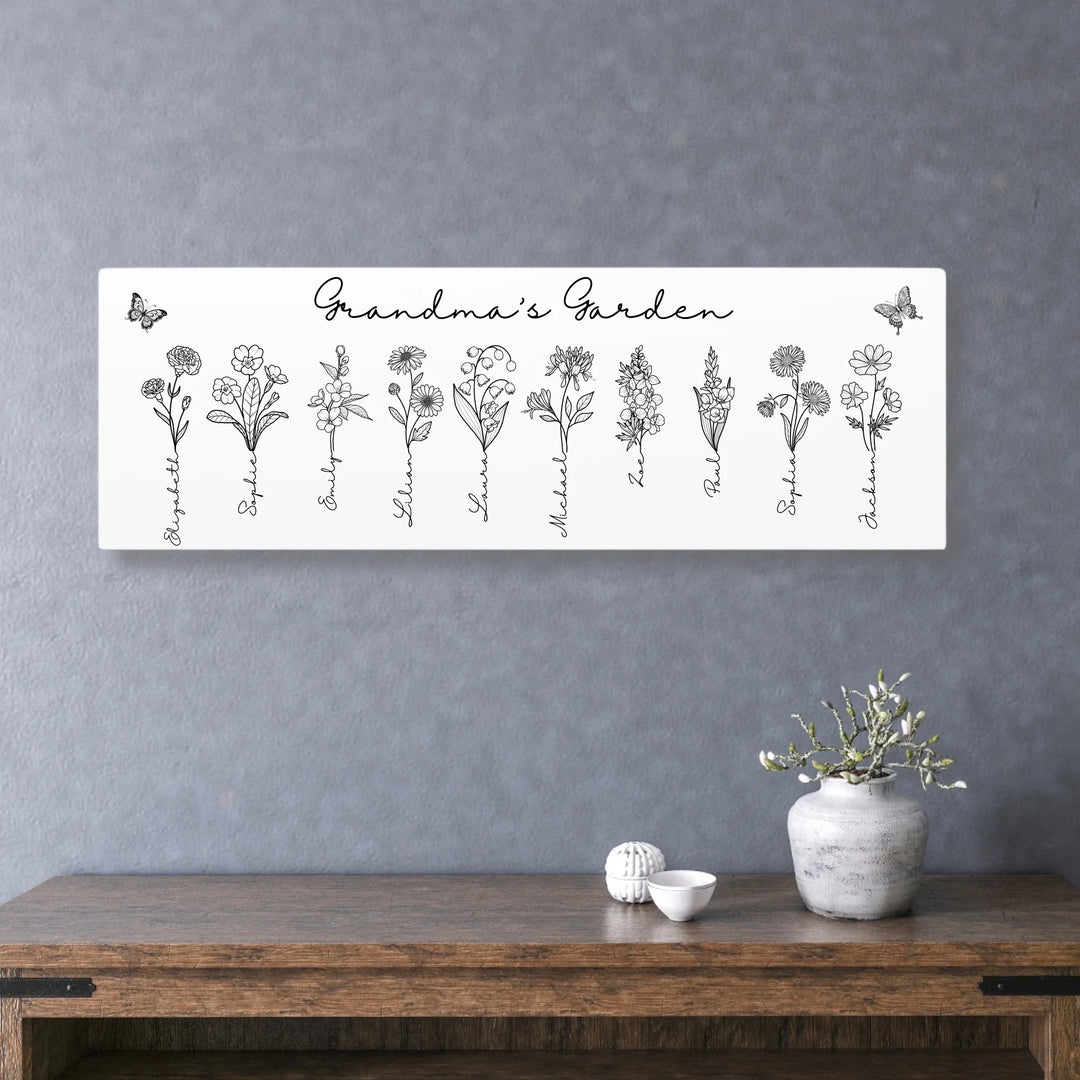 Personalized Birth Month Flowers Wall Art in any color line art with custom names, butterflies, and color options on unframed canvas-ARTFULANE