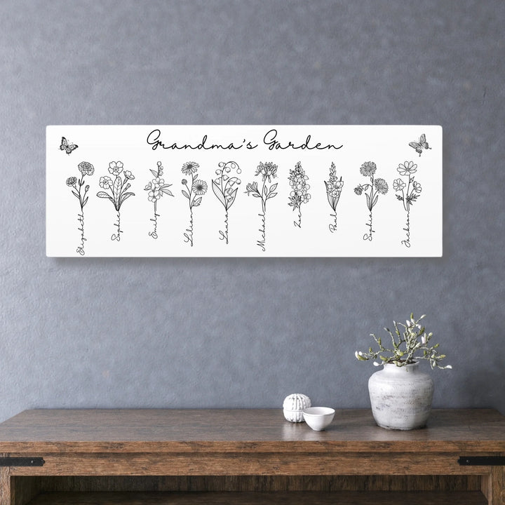 Personalized Birth Month Flowers Wall Art in any color line art with custom names, butterflies, and color options on unframed canvas-ARTFULANE
