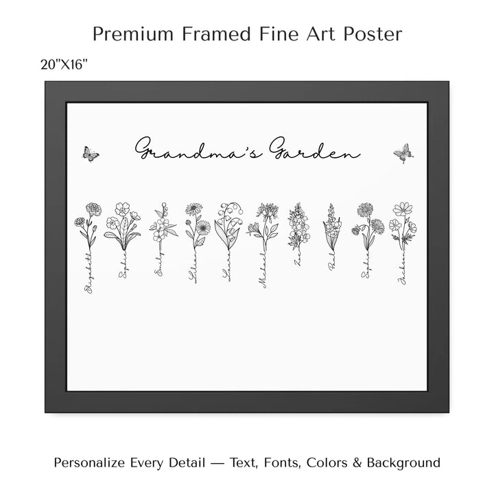 Personalized Birth Month Flowers Wall Art in any color line art with custom names, butterflies, and color options on framed poster-ARTFULANE