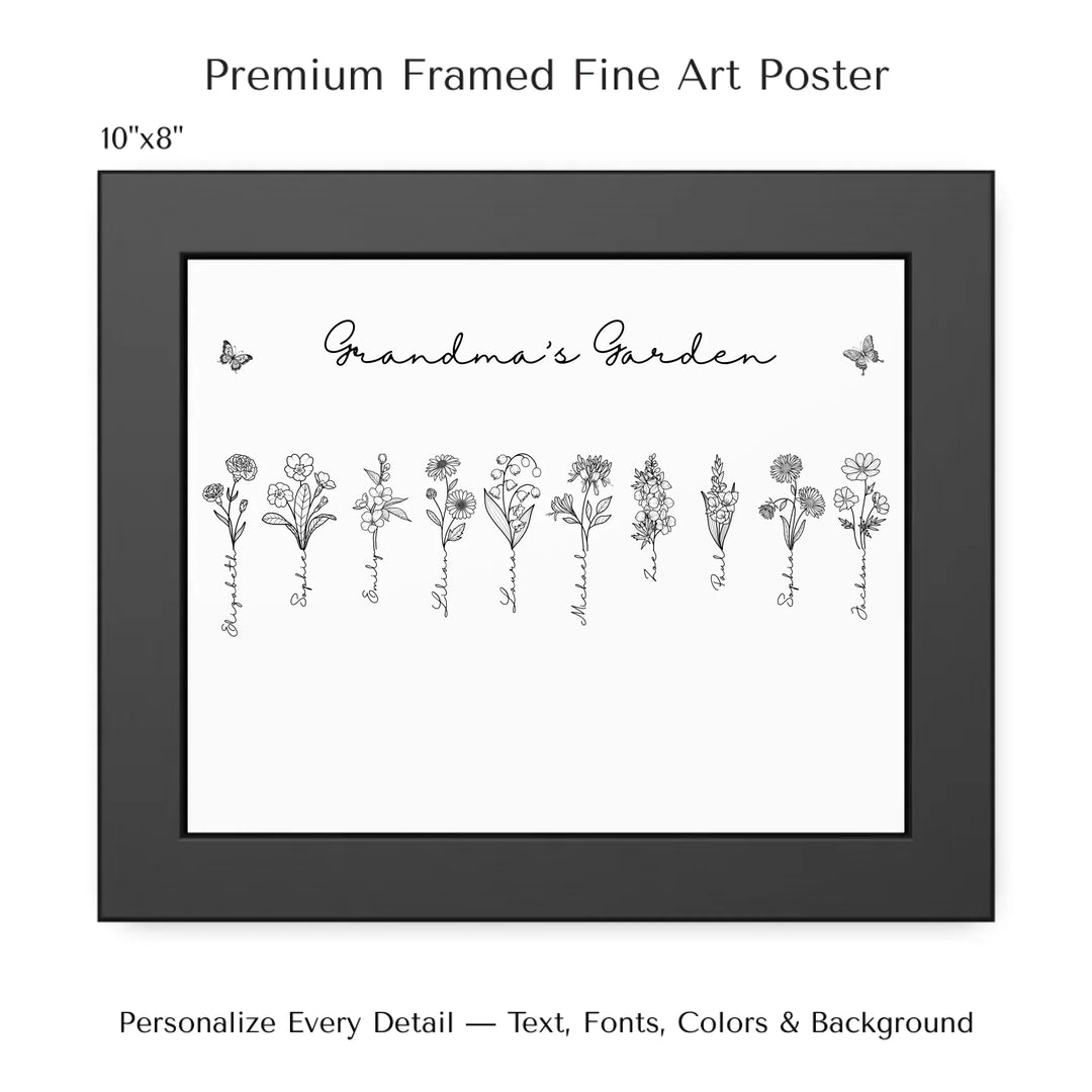 Personalized Birth Month Flowers Wall Art in any color line art with custom names, butterflies, and color options on framed poster-ARTFULANE