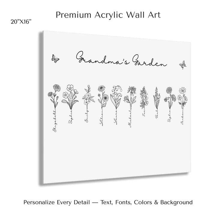Personalized Birth Month Flowers Wall Art in any color line art with custom names, butterflies, and color options on acrylic print-ARTFULANE