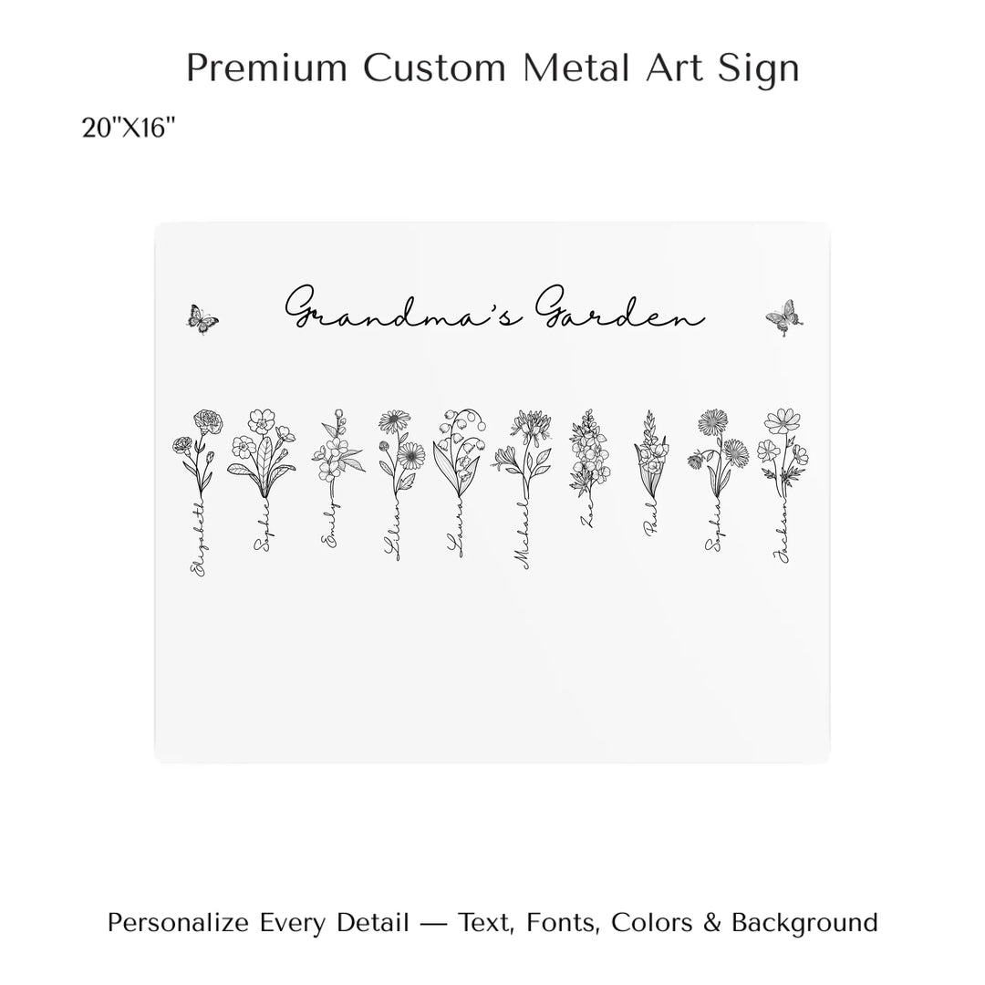 Personalized Birth Month Flowers Wall Art in any color line art with custom names, butterflies, and color options on metal art-ARTFULANE
