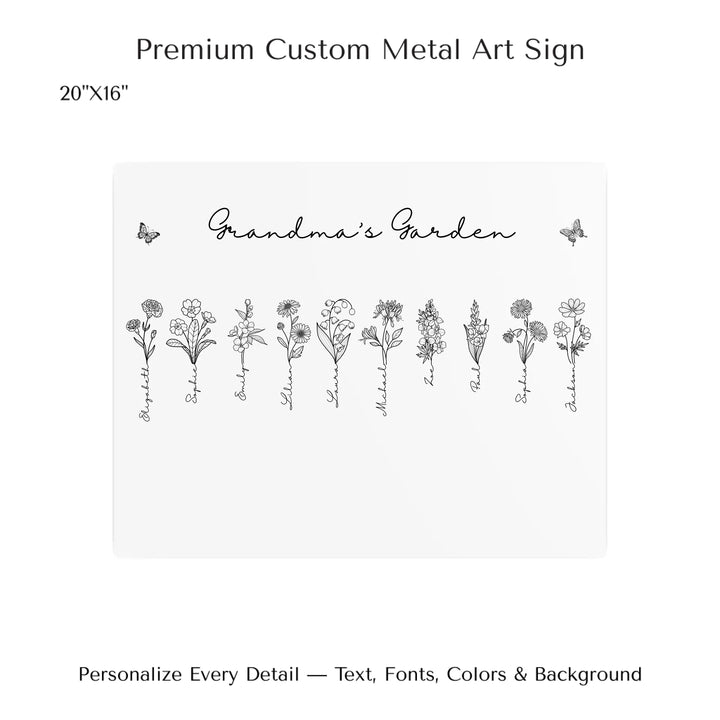 Personalized Birth Month Flowers Wall Art in any color line art with custom names, butterflies, and color options on metal art-ARTFULANE