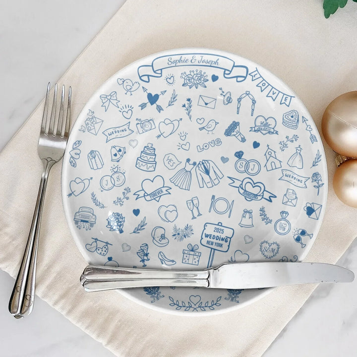 Personalized Wedding Keepsake Plate. Custom Names, Initials, Date & Location. Elegant Line Art Design. Unique Wedding or Anniversary Gift-ARTFULANE