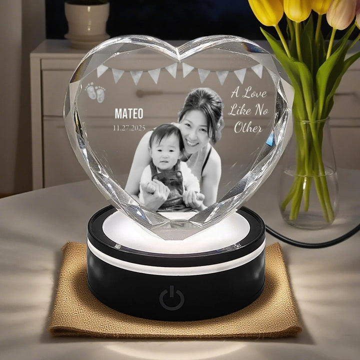 Heart Lace Crystal Keepsake with soft LED light featuring engraved mom and baby photo and personalized name text-ARTFULANE