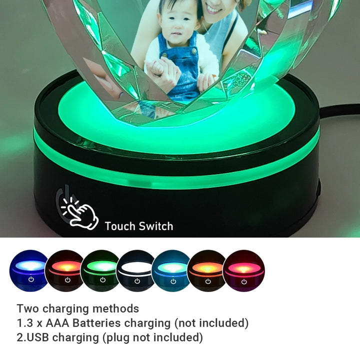 Heart Lace Crystal Keepsake with soft green LED light featuring engraved mom and baby photo and personalized name text-ARTFULANE