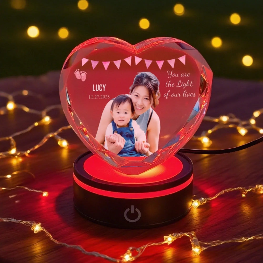 Heart Lace Crystal Keepsake with red LED light featuring engraved mom and baby photo and personalized name text-ARTFULANE