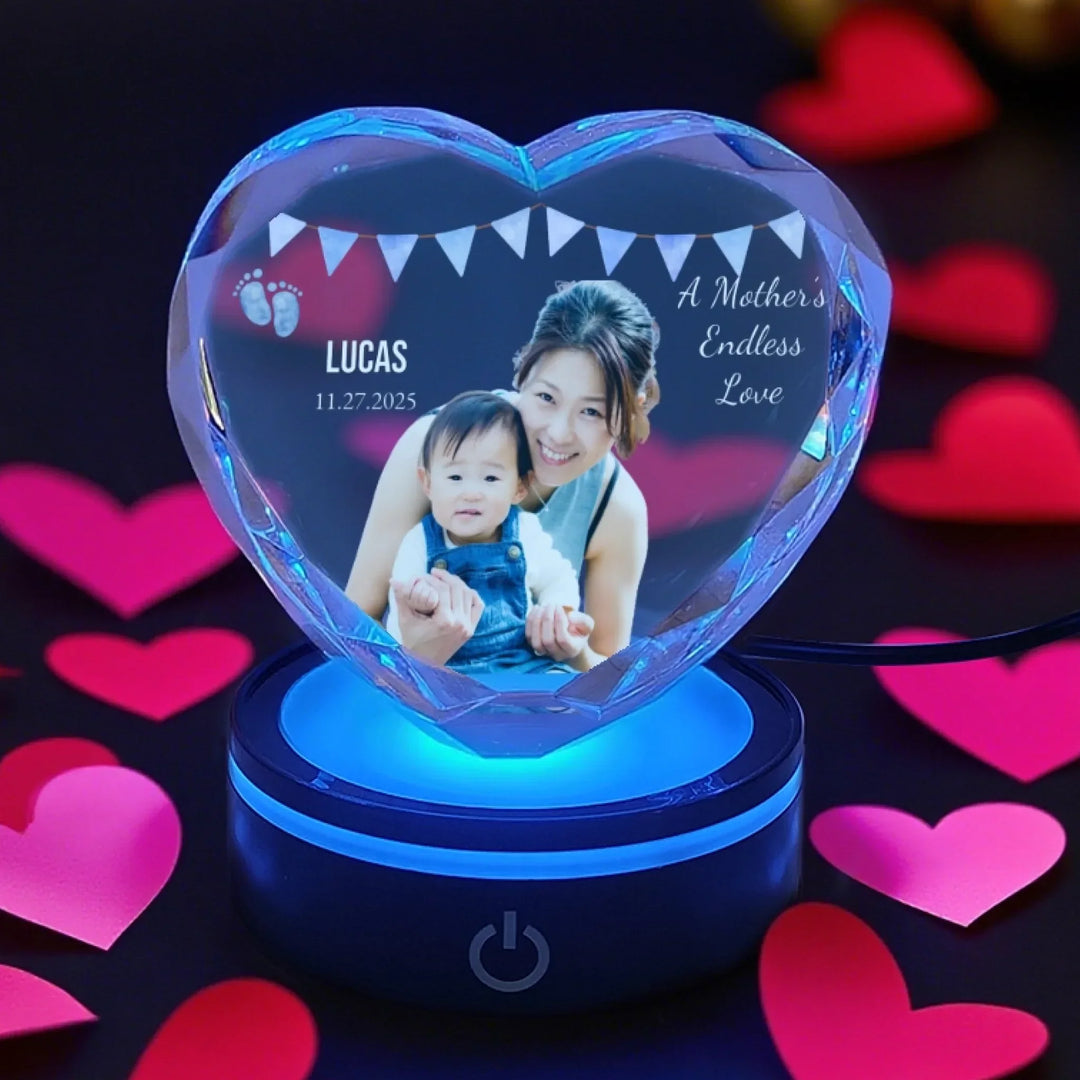 Heart Lace Crystal Keepsake with soft blue LED light featuring engraved mom and baby photo and personalized name text-ARTFULANE