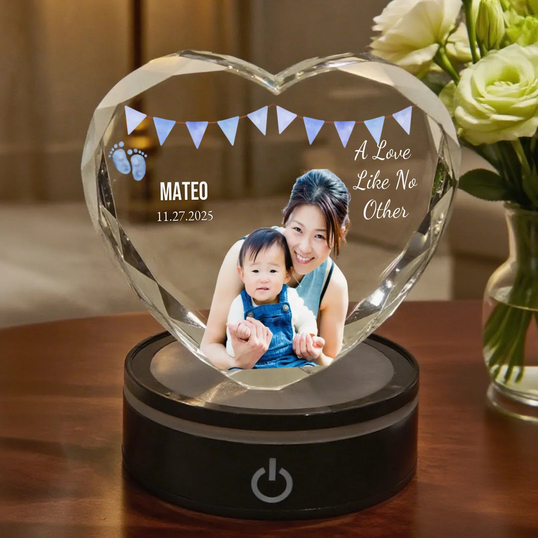 Heart Lace Crystal Keepsake with soft pink LED light featuring engraved mom and baby photo and personalized name text-ARTFULANE