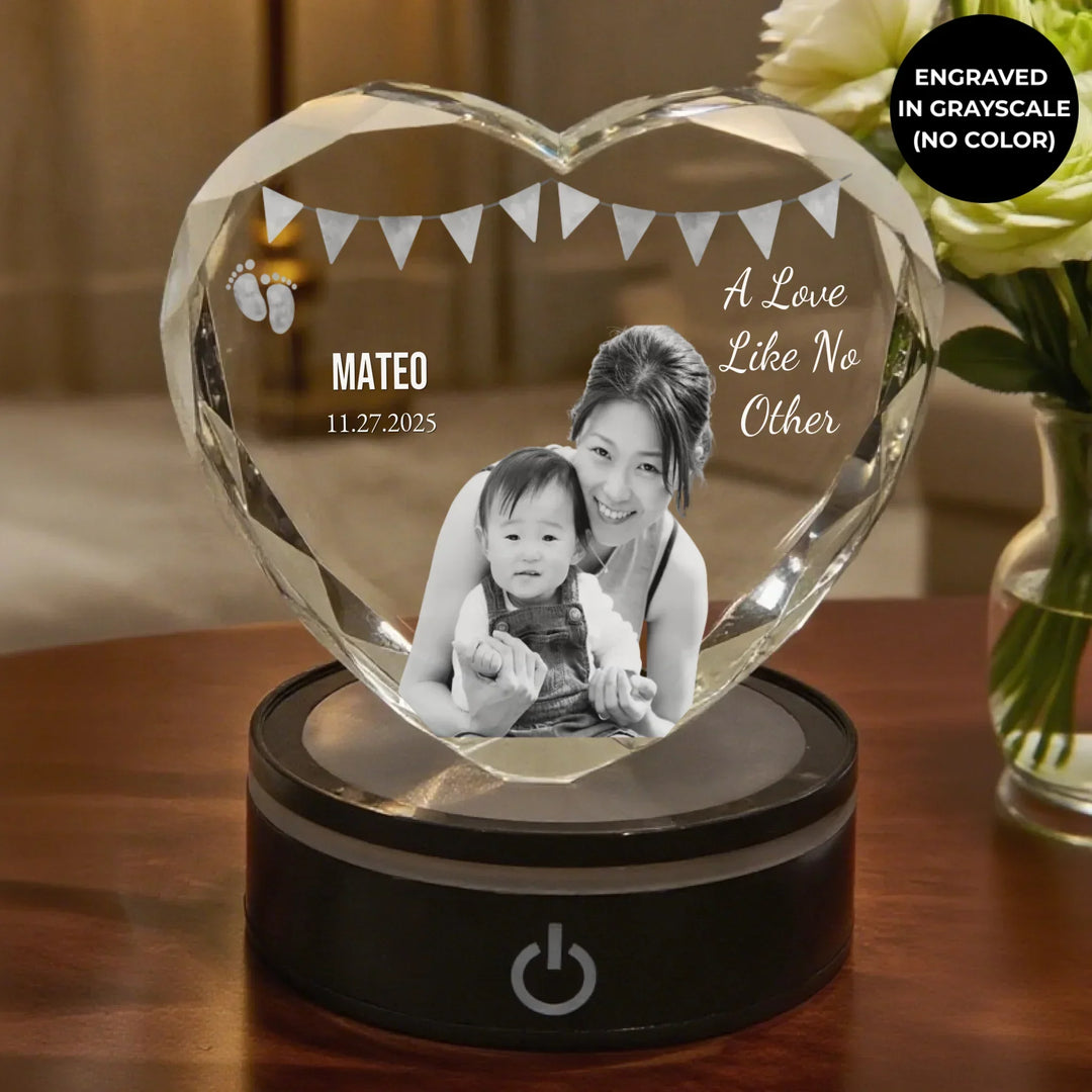 Heart Lace Crystal Keepsake with soft pink LED light featuring engraved mom and baby photo and personalized name text-ARTFULANE
