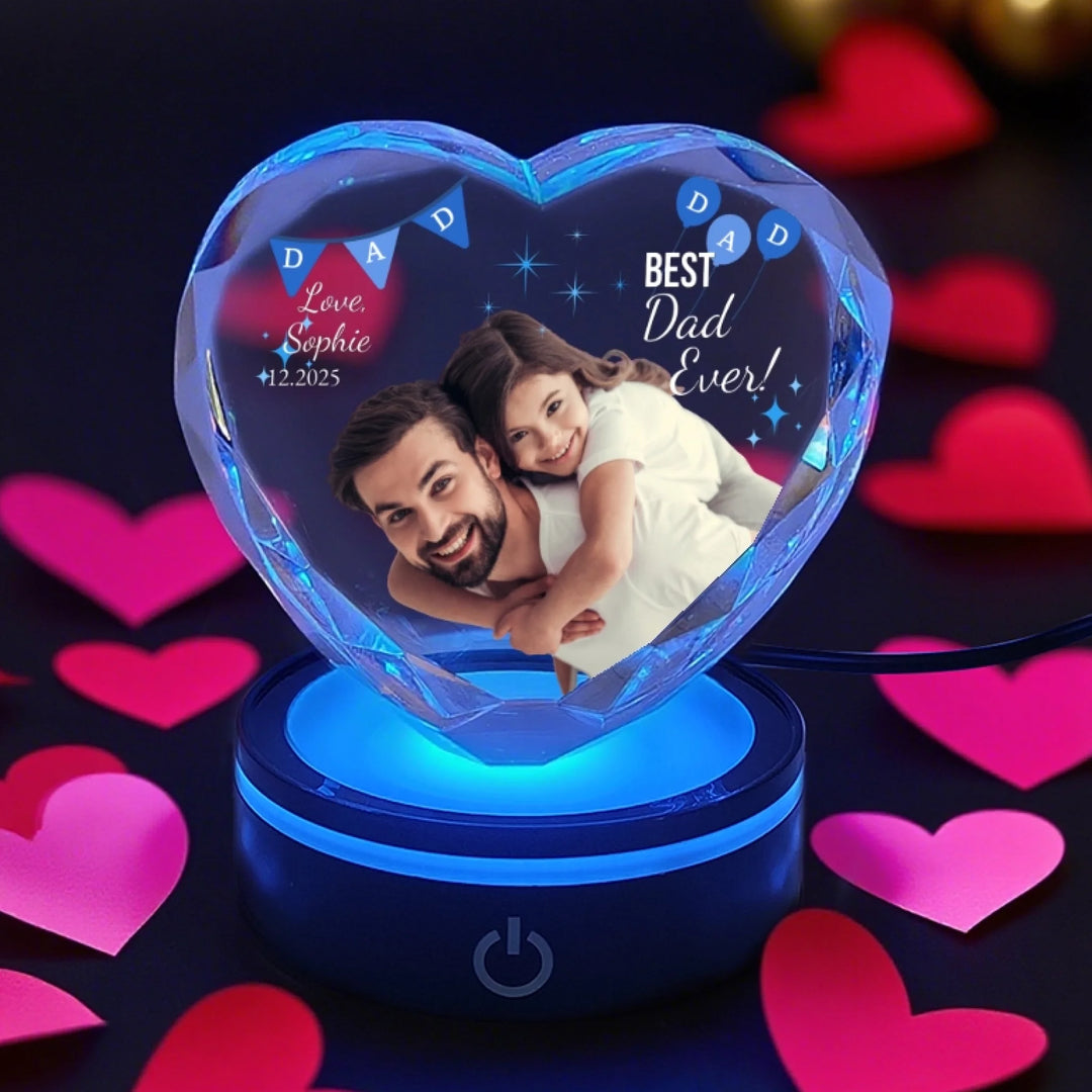 Heart Lace Crystal Gift with soft LED light featuring engraved father and child photo and “Best Dad Ever” custom text-ARTFULANE