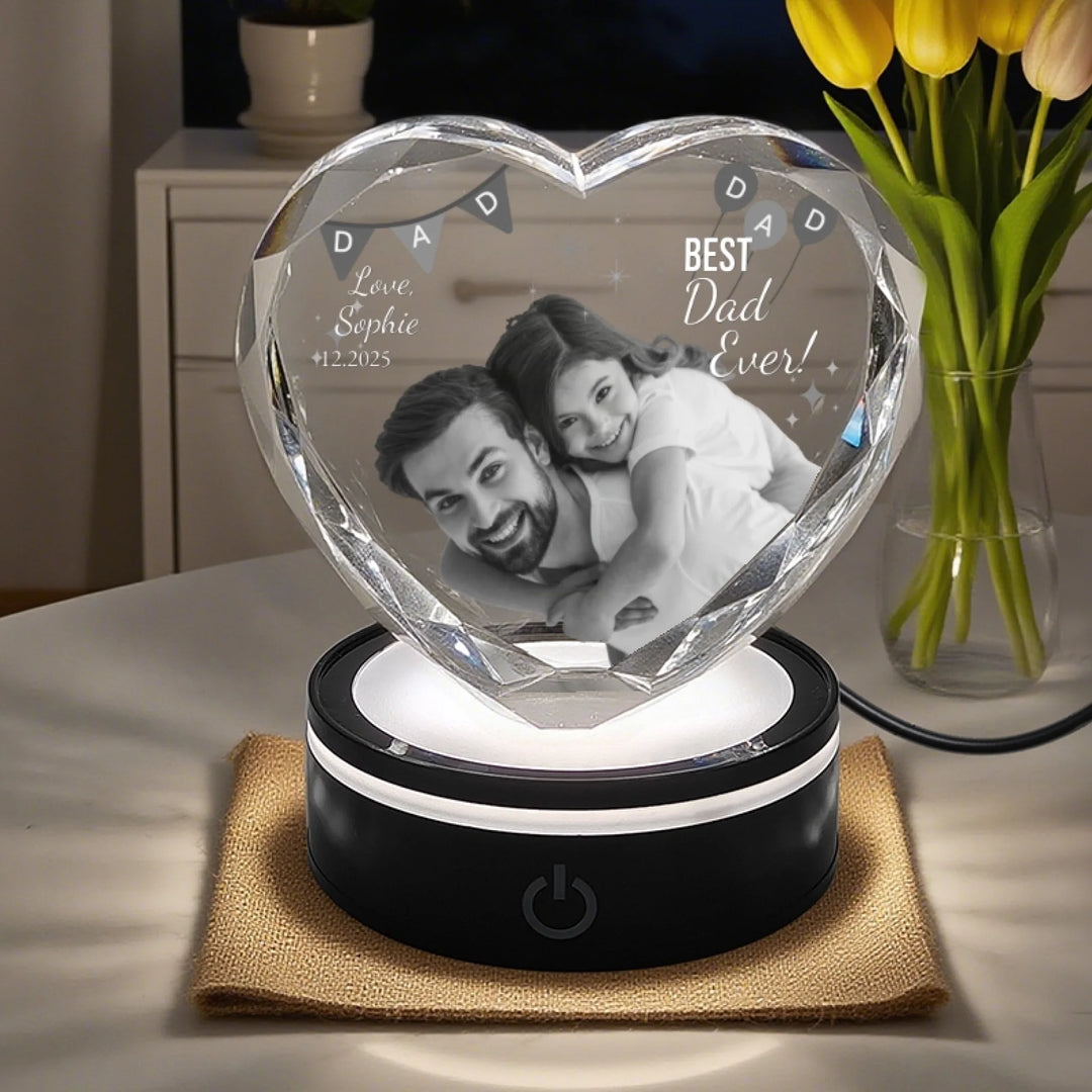 Heart Lace Crystal Gift with soft LED light featuring engraved father and child photo and “Best Dad Ever” custom text-ARTFULANE