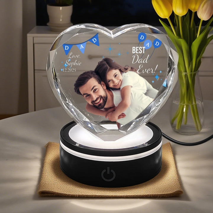 Heart Lace Crystal Gift with soft LED light featuring engraved father and child photo and “Best Dad Ever” custom text-ARTFULANE