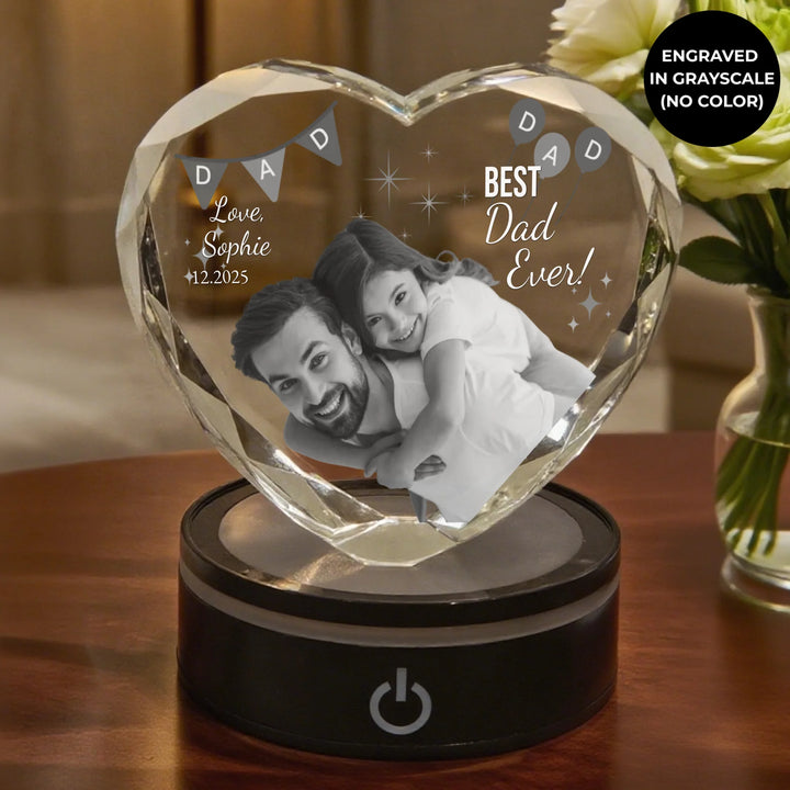 Heart Lace Crystal Gift with soft LED light featuring engraved father and child photo and “Best Dad Ever” custom text-ARTFULANE