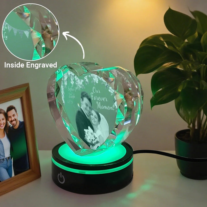 Heart Lace Wedding Crystal with warm white LED light featuring engraved couple photo and custom wedding date text-ARTFULANE