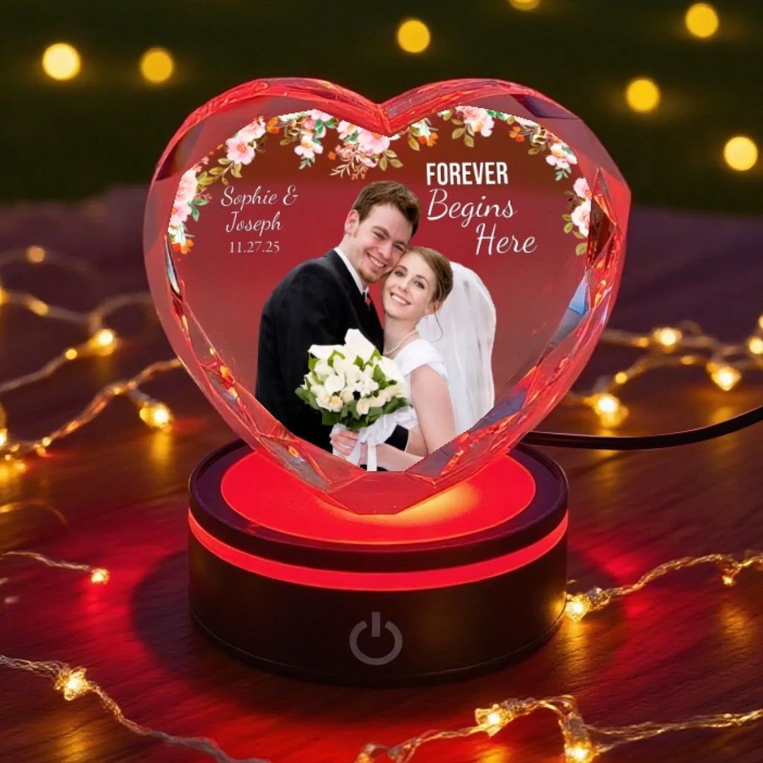 Heart Lace Wedding Crystal with warm white LED light featuring engraved couple photo and custom wedding date text-ARTFULANE