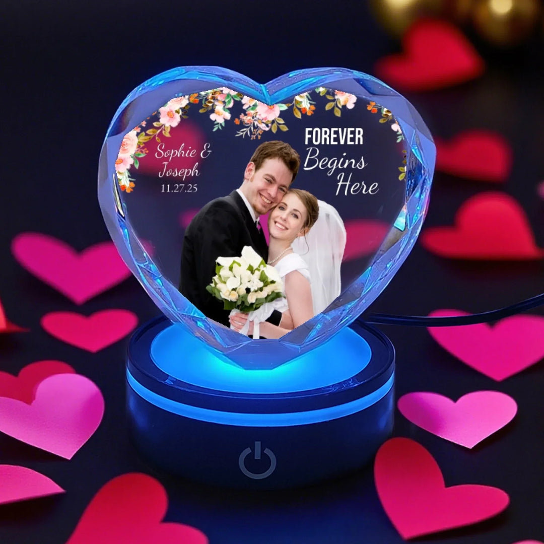 Heart Lace Wedding Crystal with warm white LED light featuring engraved couple photo and custom wedding date text-ARTFULANE