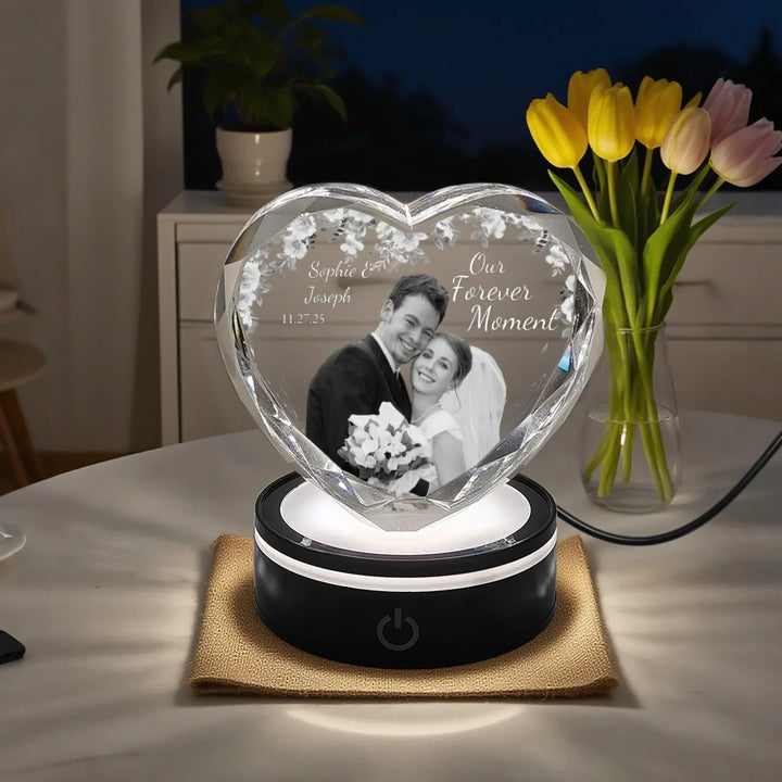 Heart Lace Wedding Crystal with warm white LED light featuring engraved couple photo and custom wedding date text-ARTFULANE