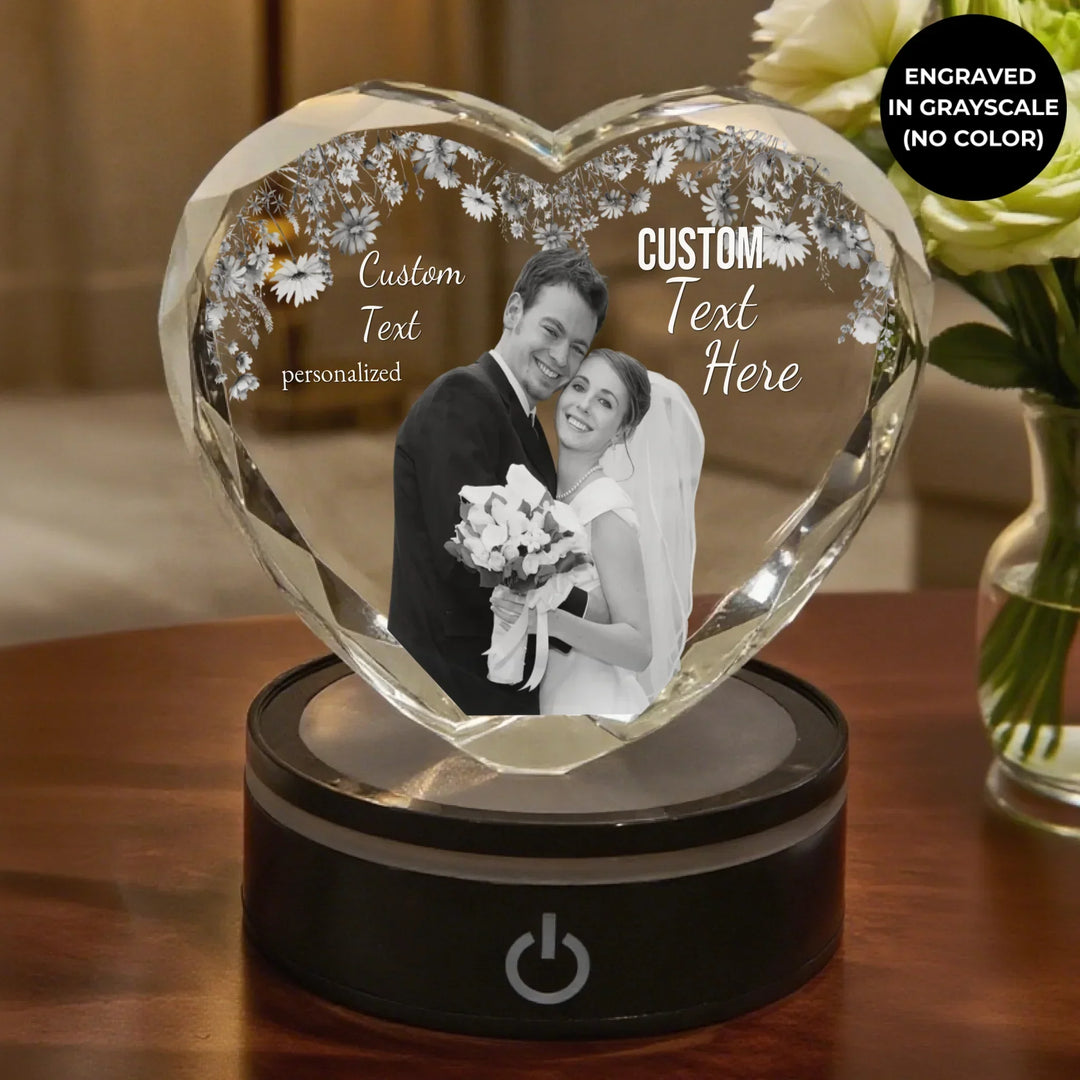 Heart Lace Wedding Crystal with warm white LED light featuring engraved couple photo and custom wedding date text-ARTFULANE