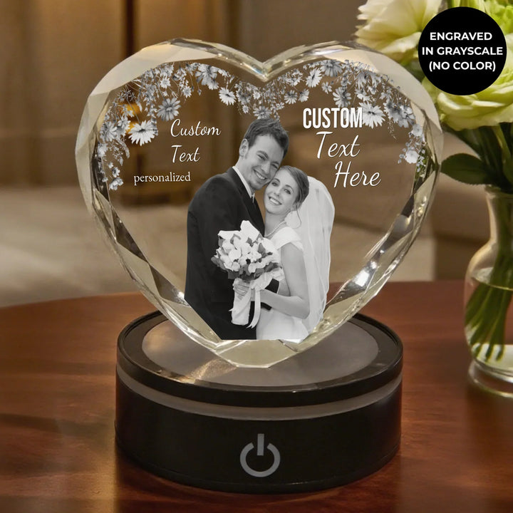 Heart Lace Wedding Crystal with warm white LED light featuring engraved couple photo and custom wedding date text-ARTFULANE
