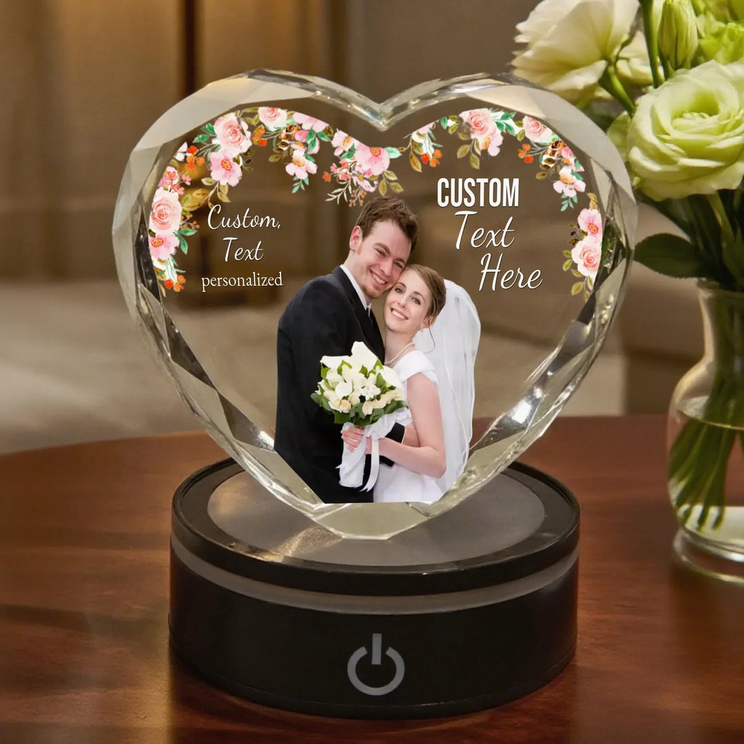 Heart Lace Wedding Crystal with warm white LED light featuring engraved couple photo and custom wedding date text-ARTFULANE