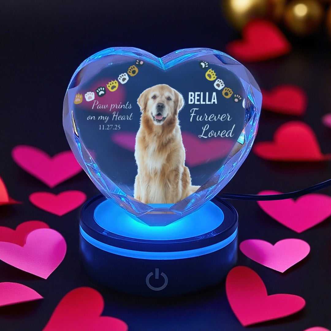 Heart Lace Pet Crystal with soft LED light featuring printed or engraved dog photo and personalized text-ARTFULANE
